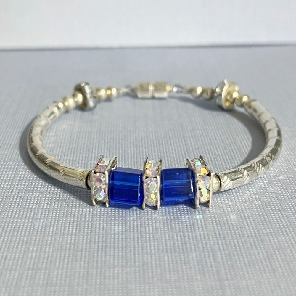 Vintage Bracelet Silver Tone Curved Metal Tube Bead Blue Square Aurora Borealis